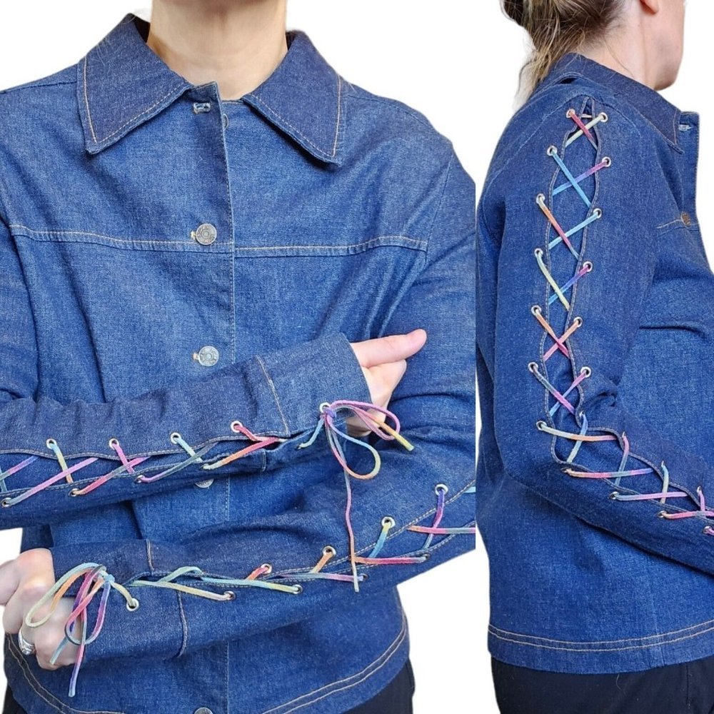 90s Y2K Thin Stretch Denim Jacket Rainbow‎ Laceup Sleeves L/XL Retro Style